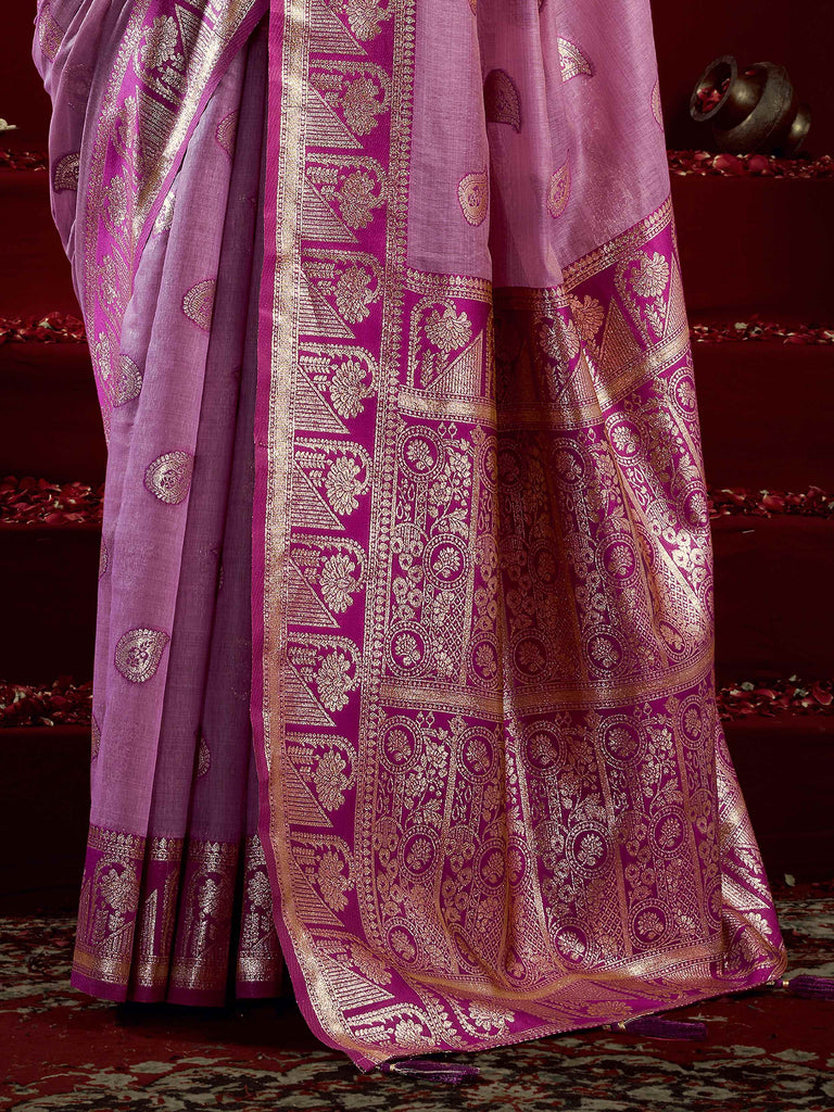 Captivating Purple Zari Weaving Silk Reception Wear Saree With Blouse