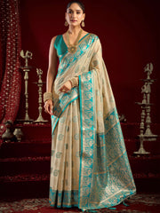 Glowing Beige Zari Weaving Silk Wedding Wear Saree With Blouse