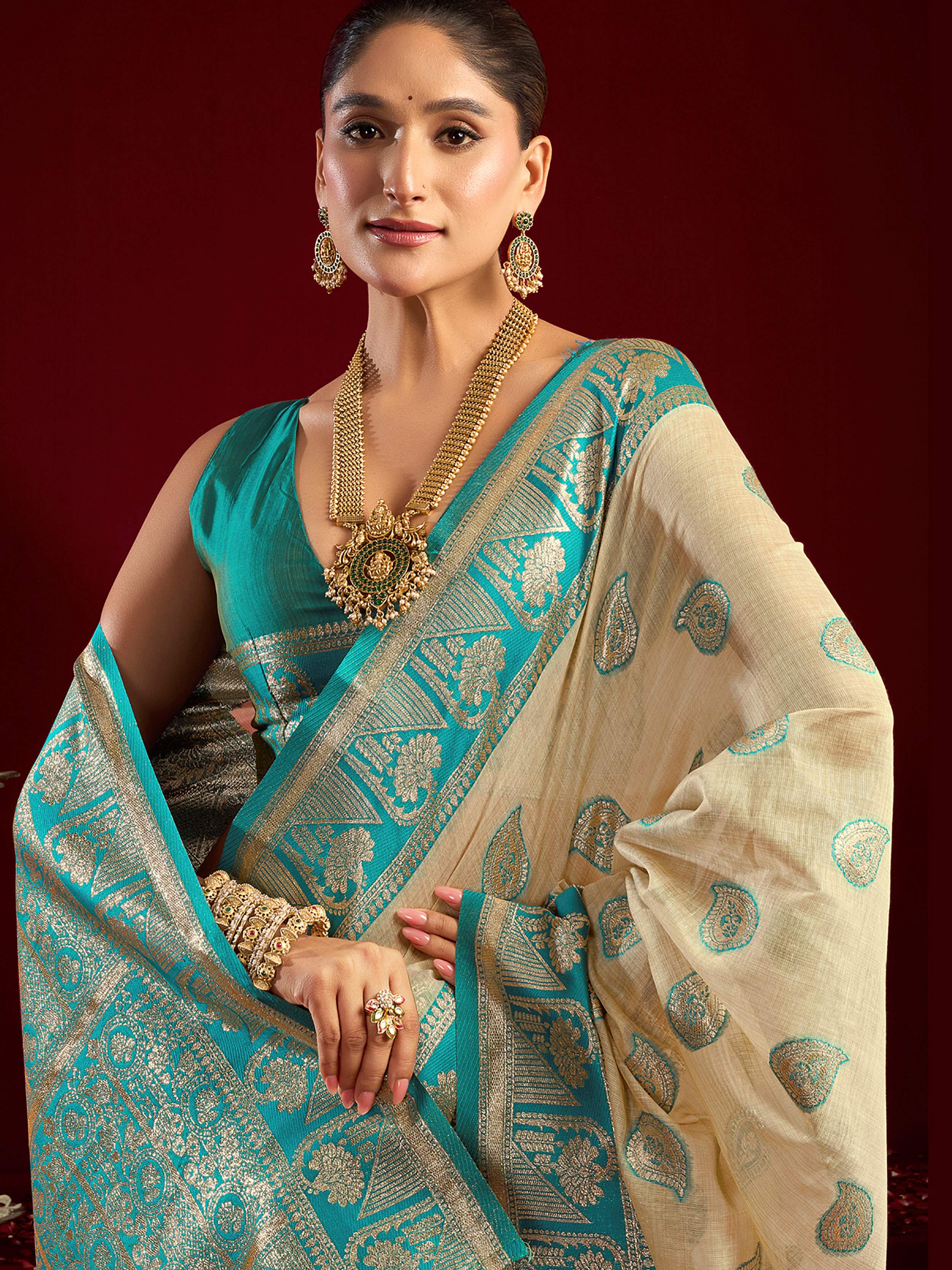 Glowing Beige Zari Weaving Silk Wedding Wear Saree With Blouse