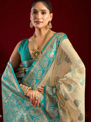 Glowing Beige Zari Weaving Silk Wedding Wear Saree With Blouse