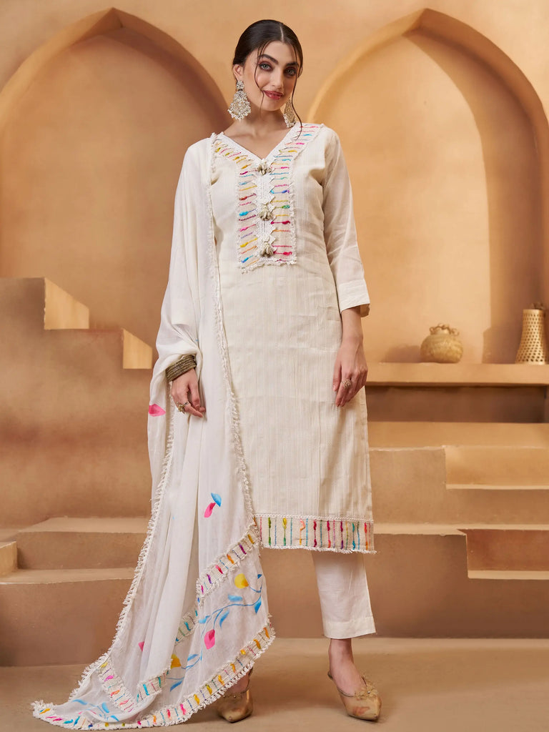 Pretty Off White Cotton Multi-Thread Work Casual Wear Pant Suit