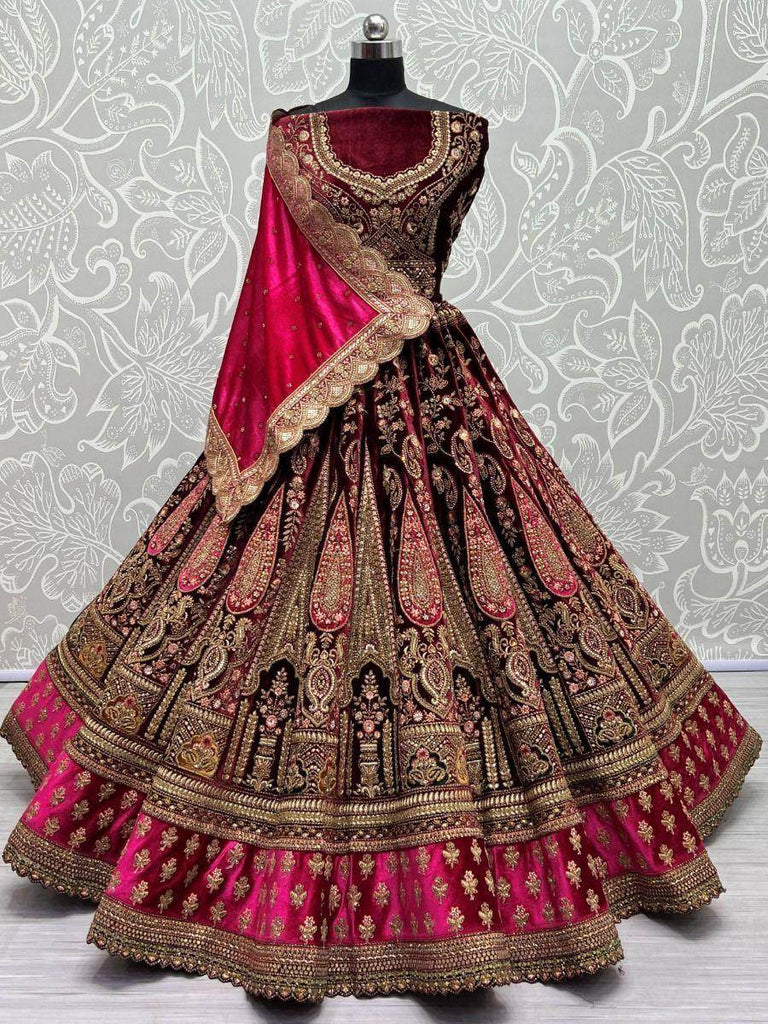 Gorgeous Pink Thread Work Velvet Lehenga Choli with Double Dupatta