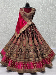 Gorgeous Pink Thread Work Velvet Lehenga Choli with Double Dupatta