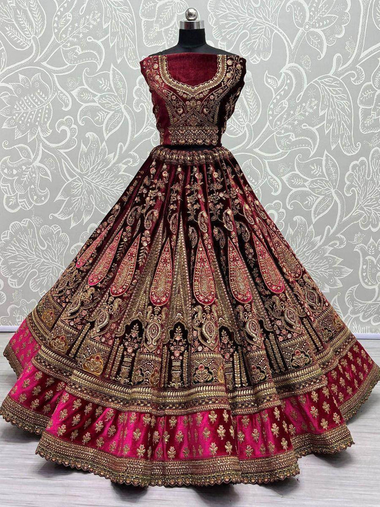 Gorgeous Pink Thread Work Velvet Lehenga Choli with Double Dupatta