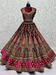 Gorgeous Pink Thread Work Velvet Lehenga Choli with Double Dupatta