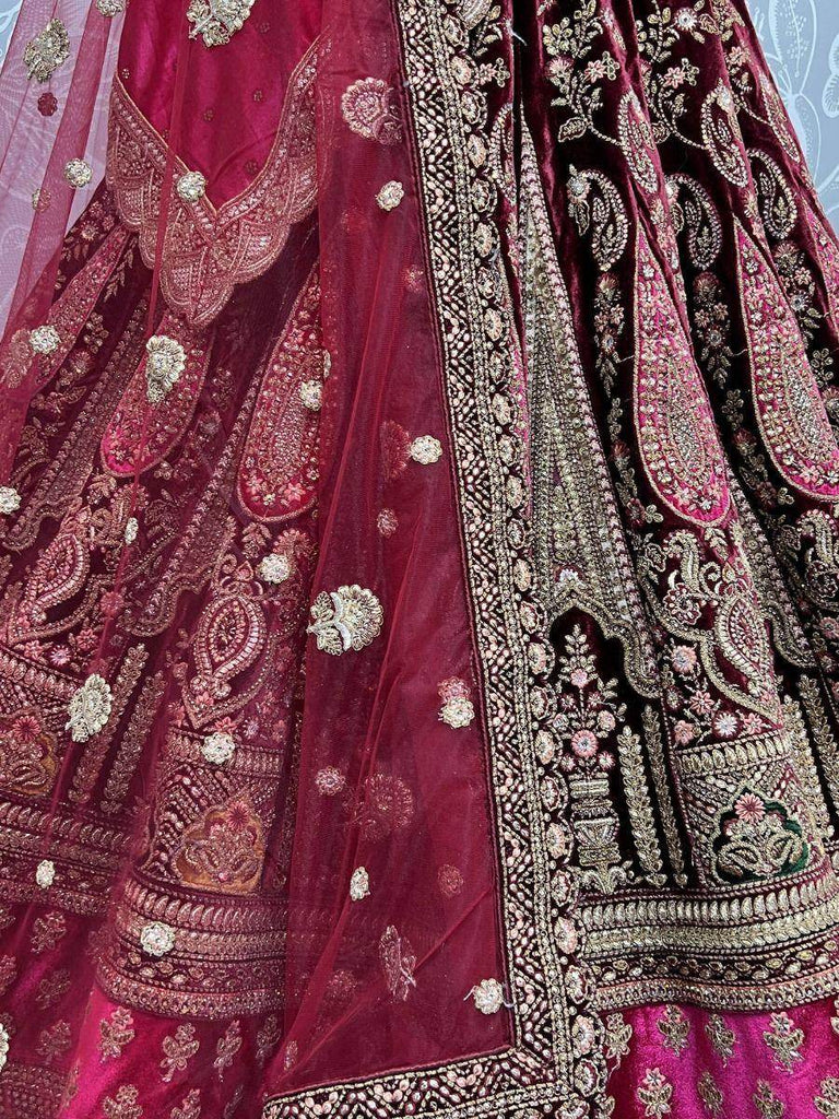 Gorgeous Pink Thread Work Velvet Lehenga Choli with Double Dupatta