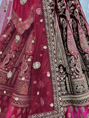Gorgeous Pink Thread Work Velvet Lehenga Choli with Double Dupatta