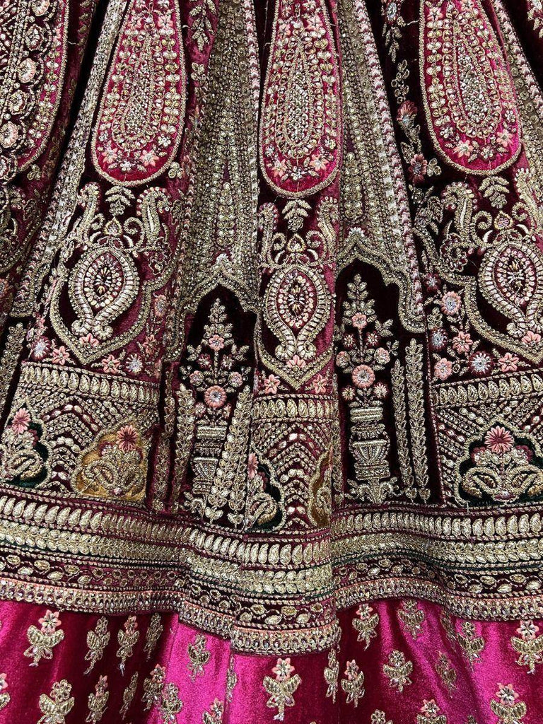 Gorgeous Pink Thread Work Velvet Lehenga Choli with Double Dupatta