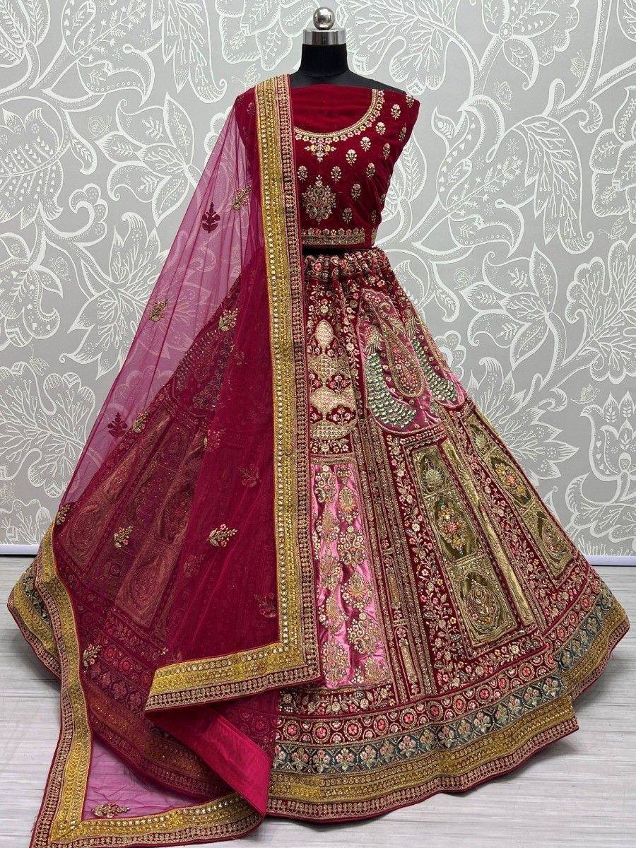Maroon velvet lehenga choli with gold embroidery and sheer dupatta, Indian ethnic wear