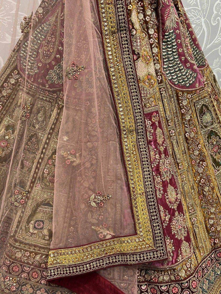 Ravishing Mustard Yellow Thread Work Velvet Bridal Lehenga Choli