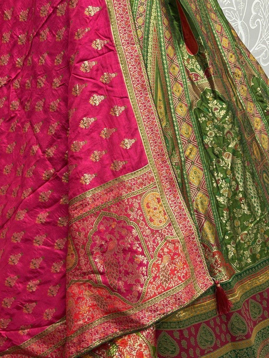 Pink and green designer lehenga choli with gold floral embroidery and intricate border details