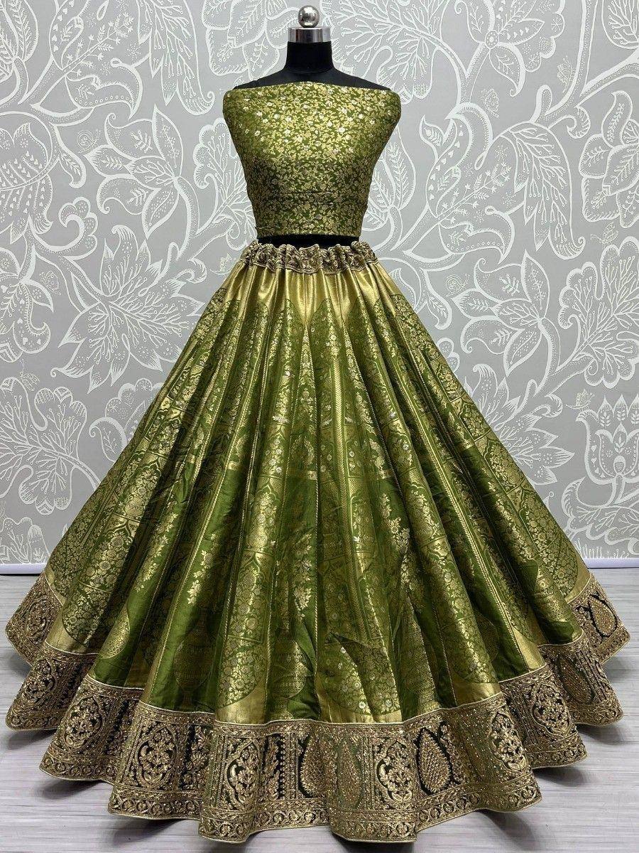 Olive green designer lehenga choli with gold embroidery, perfect for Indian ethnic wear events