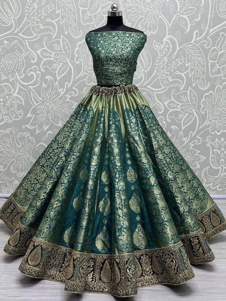 Pretty Teal Green Zari Weaving Banarasi Silk Traditional Lehenga Choli