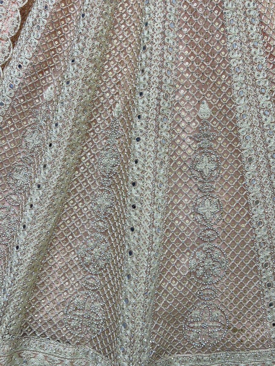 Elegant Indian ethnic wear with intricate silver embroidery and mirror work on sheer fabric