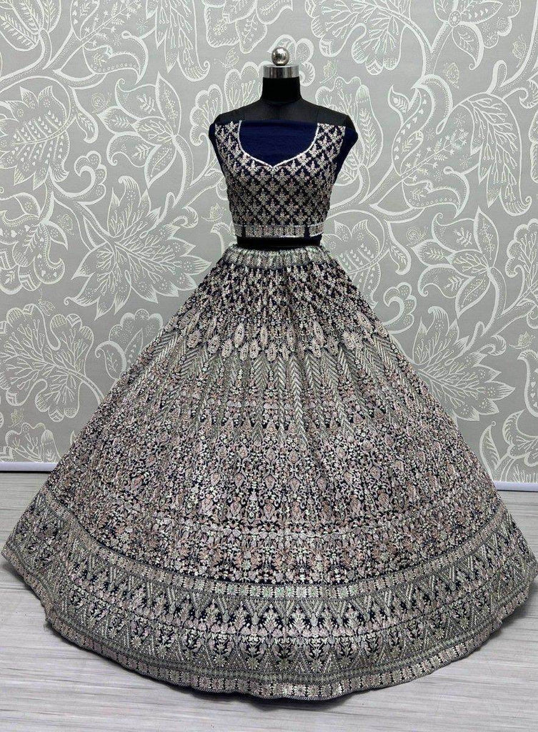 Fascinating Navy Blue Embroidered Net Reception Wear Lehenga Choli