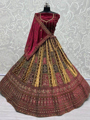 Sweet Mustard & Maroon Sequins Velvet Bridal Wear Lehenga Choli