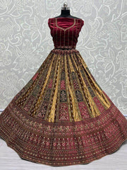 Sweet Mustard & Maroon Sequins Velvet Bridal Wear Lehenga Choli