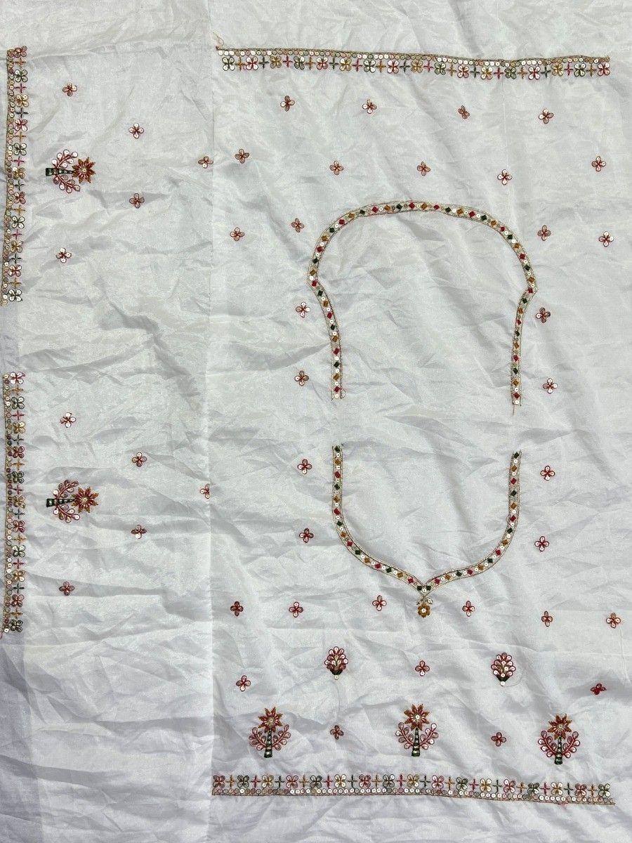 White ethnic wear fabric with mirror and floral embroidery, perfect for designer lehenga choli or salwar kameez