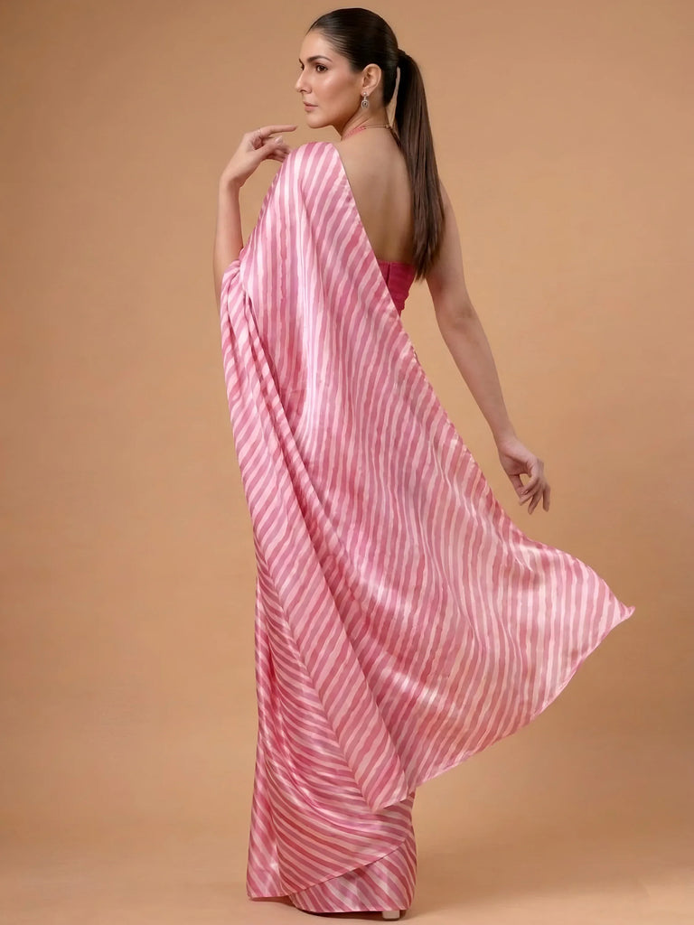 Fascinating Pink Laheriya Printed Satin Wedding Wear Saree With Blouse