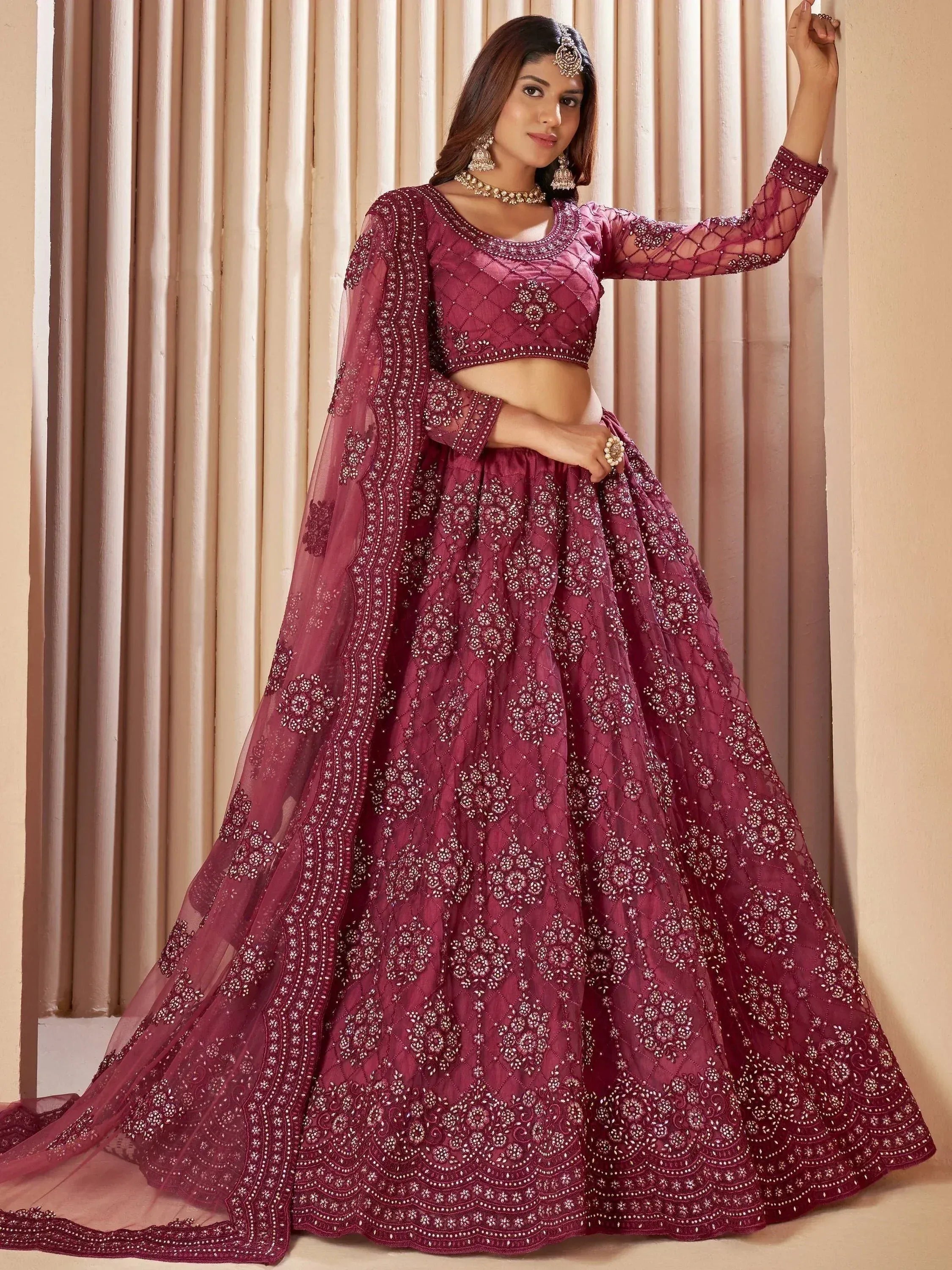 Burgundy embroidered lehenga choli with sheer dupatta, Indian ethnic wear for weddings and festivals