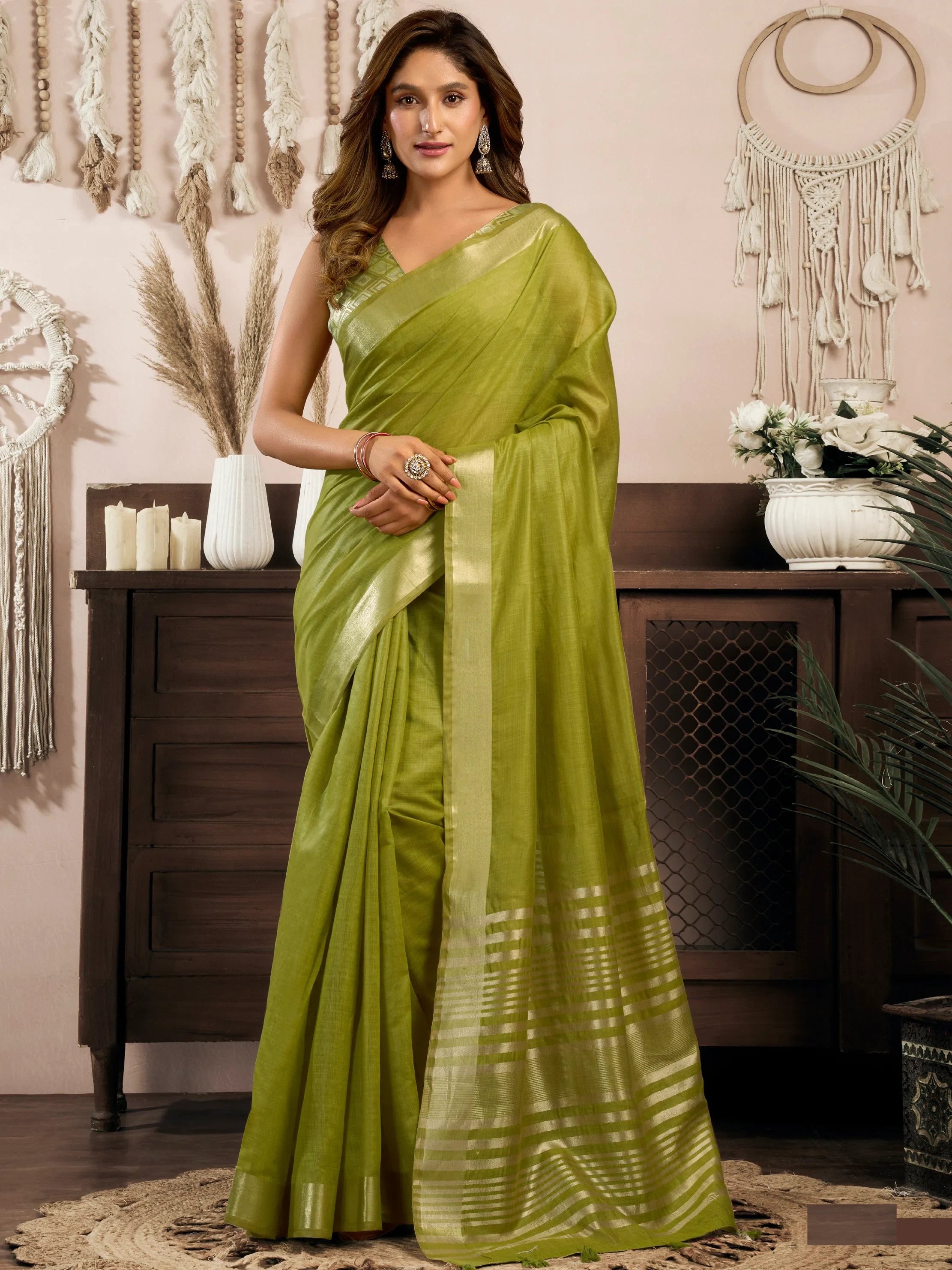 Alluring Olive Green Zari Weaving Cotton Mehendi Wear Saree With Blouse