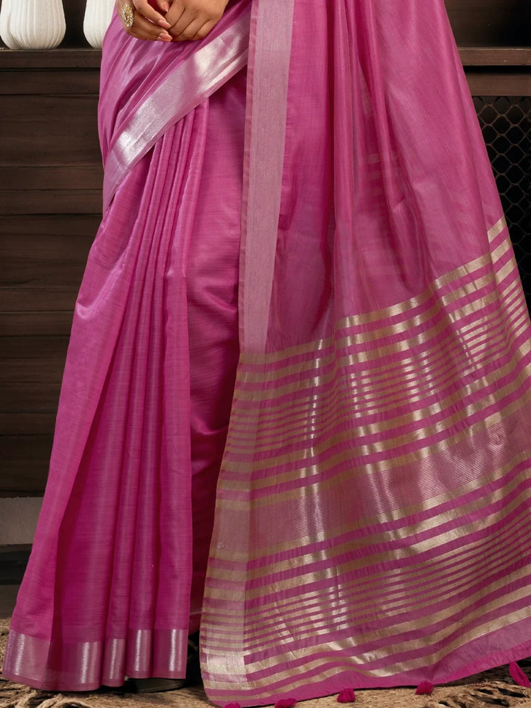 Elegant Pink Zari Weaving Cotton Function Wear Saree With Blouse