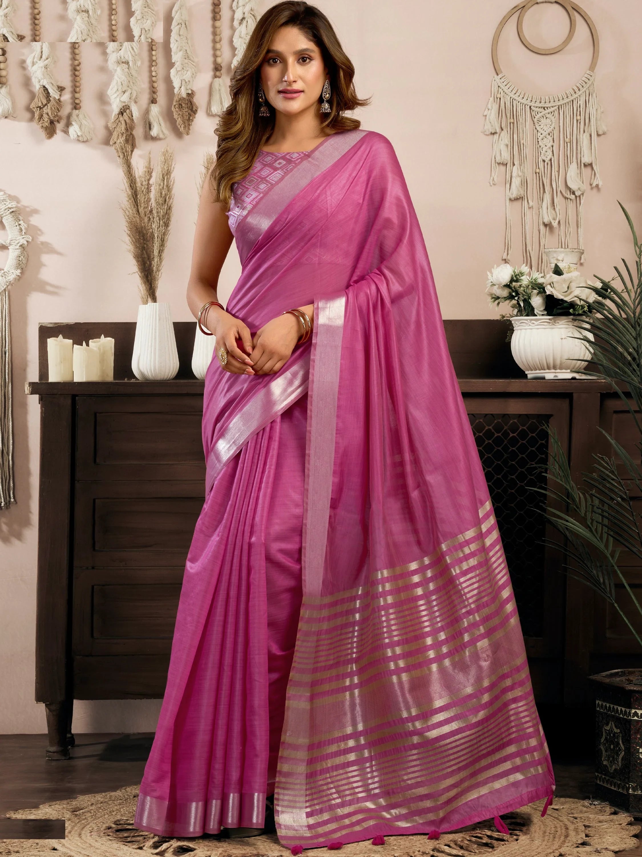 Elegant Pink Zari Weaving Cotton Function Wear Saree With Blouse
