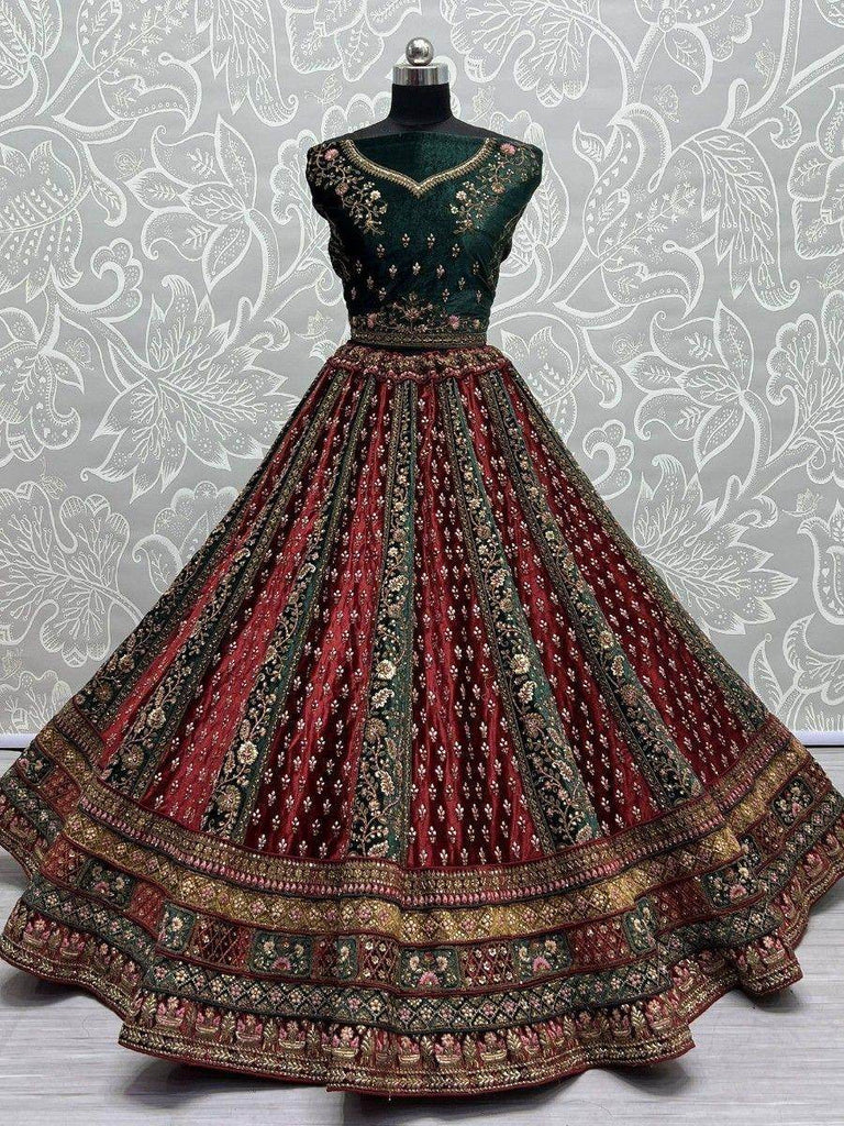 Stunning Maroon Embroidered Velvet Bridal Lehenga Choli With Dupatta