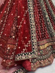 Stunning Maroon Embroidered Velvet Bridal Lehenga Choli With Dupatta