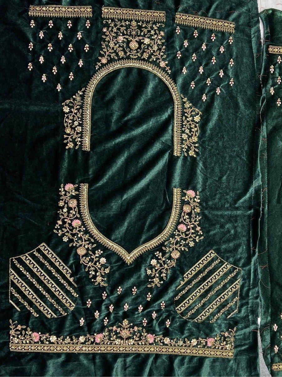 Dark green velvet ethnic blouse with gold and pink floral embroidery, perfect for designer lehenga choli sets.