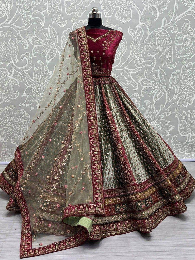 Beautiful Maroon & Pista Green Dori Work Velvet Bridal Lehenga Choli