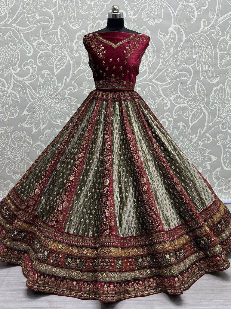 Beautiful Maroon & Pista Green Dori Work Velvet Bridal Lehenga Choli