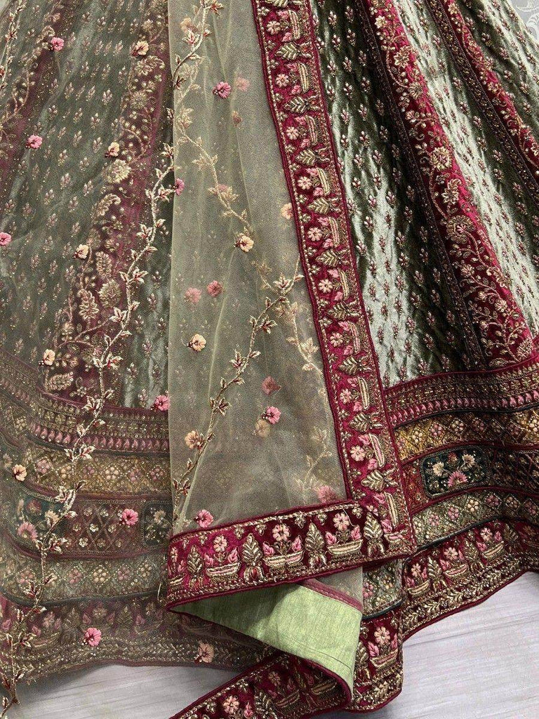 Beautiful Maroon & Pista Green Dori Work Velvet Bridal Lehenga Choli