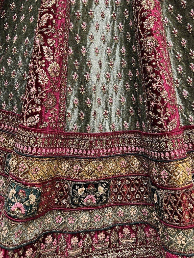 Beautiful Maroon & Pista Green Dori Work Velvet Bridal Lehenga Choli