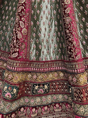 Beautiful Maroon & Pista Green Dori Work Velvet Bridal Lehenga Choli