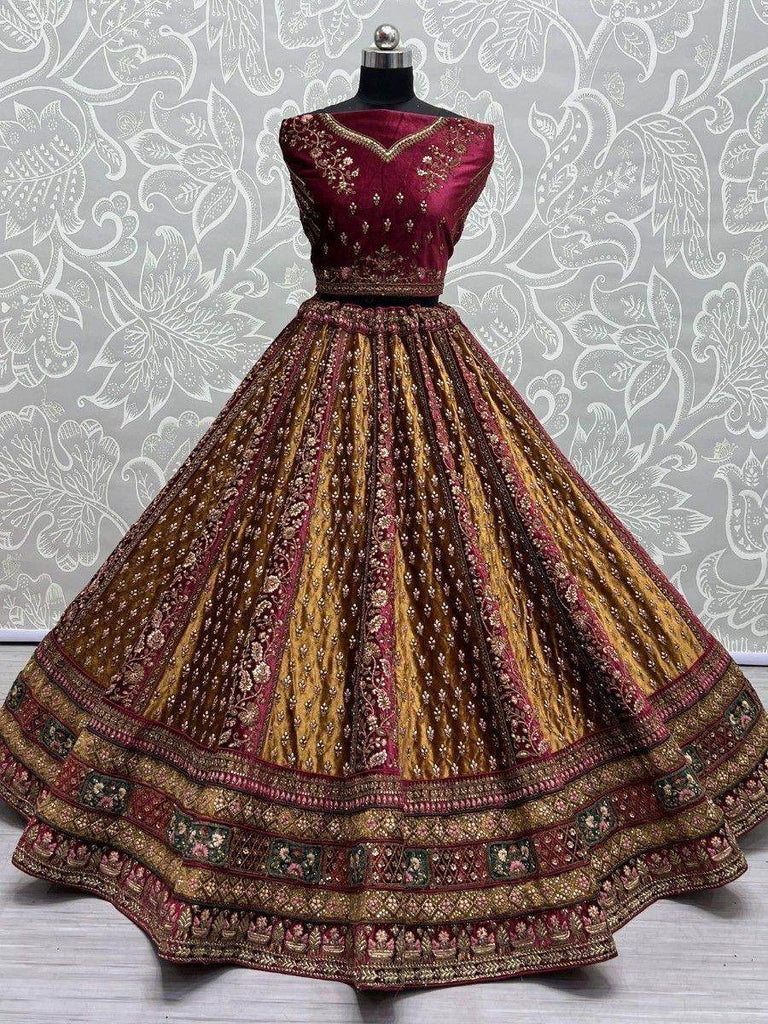 Gorgeous Maroon & Mustard Yellow Dori Work Velvet Bridal Lehenga Choli