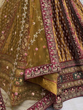 Gorgeous Maroon & Mustard Yellow Dori Work Velvet Bridal Lehenga Choli