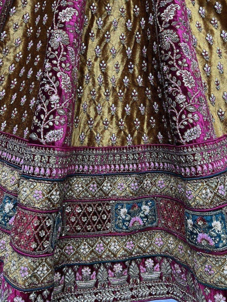 Gorgeous Maroon & Mustard Yellow Dori Work Velvet Bridal Lehenga Choli