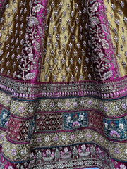 Gorgeous Maroon & Mustard Yellow Dori Work Velvet Bridal Lehenga Choli
