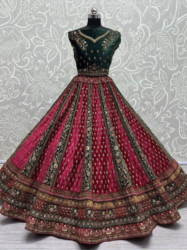 Lovely Pink Multi-Thread Work Velvet Bridal Lehenga Choli With Dupatta
