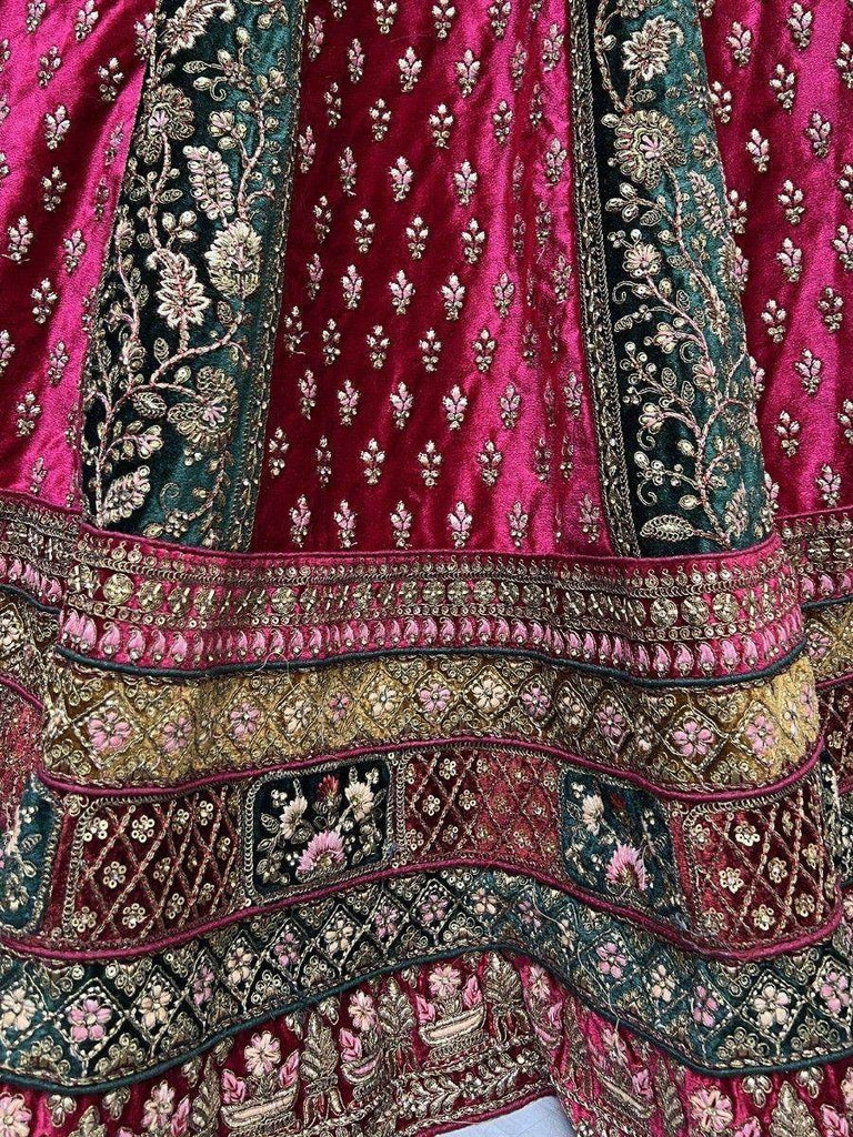 Lovely Pink Multi-Thread Work Velvet Bridal Lehenga Choli With Dupatta