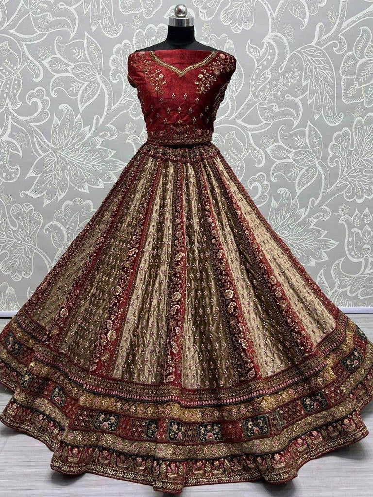 Attractive Beige & Maroon Dori Work Velvet Bridal Lehenga Choli