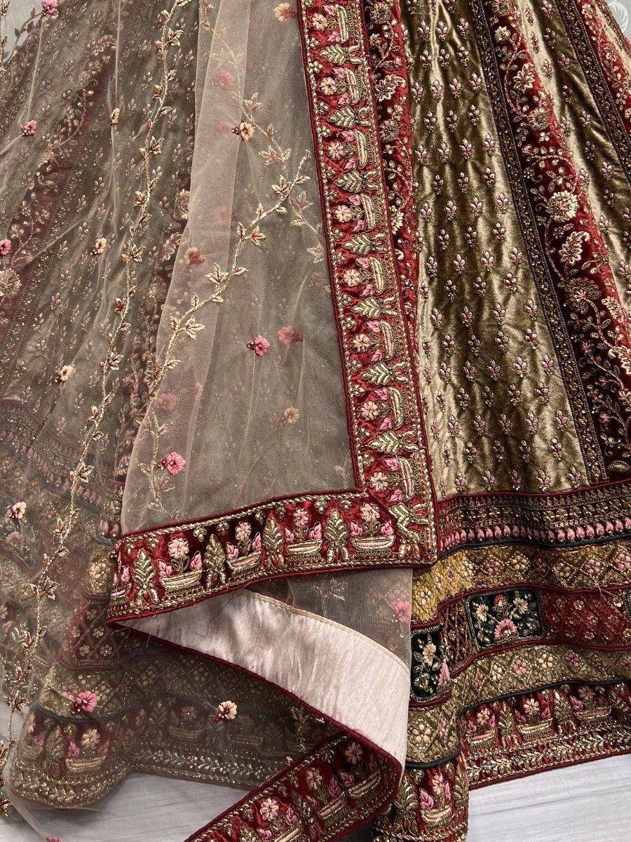 Luxury Indian lehenga choli with intricate floral embroidery, velvet fabric, and sheer dupatta for weddings