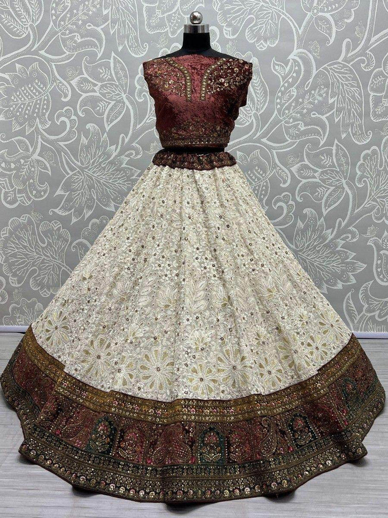 Lovely Off-White & Brown Embroidered Georgette Bridal Lehenga Choli