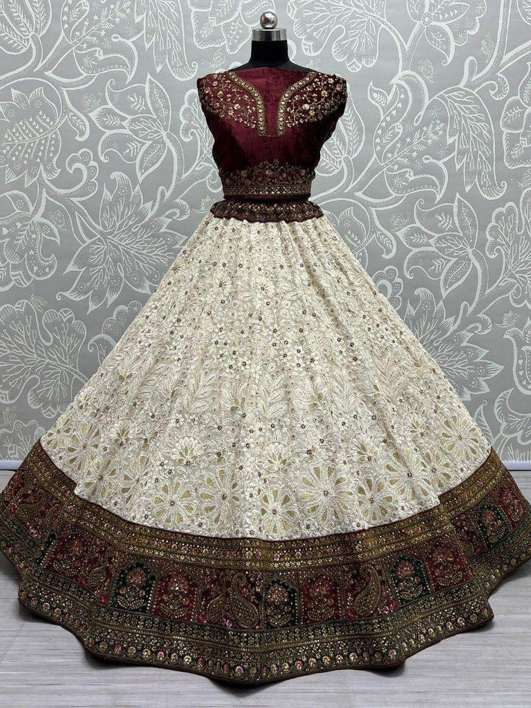 Pretty Off-White & Maroon Embroidered Georgette Bridal Lehenga Choli