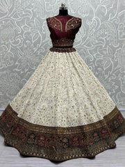 Pretty Off-White & Maroon Embroidered Georgette Bridal Lehenga Choli