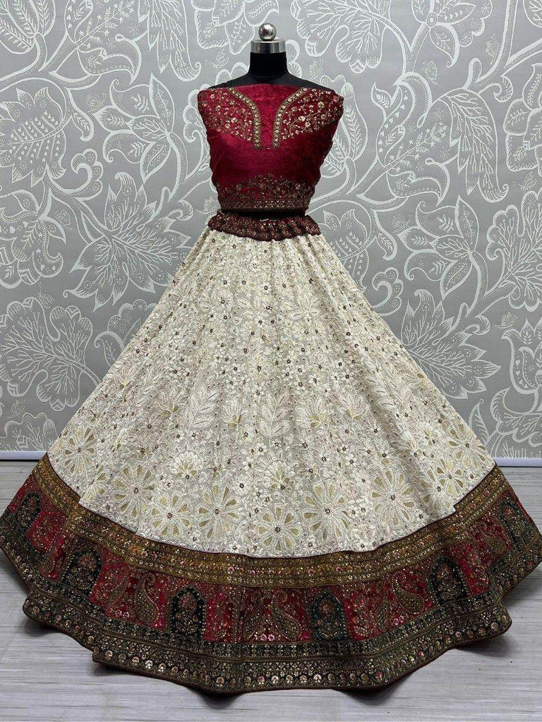 Cute Off-White & Rani Pink Embroidered Georgette Lehenga Choli