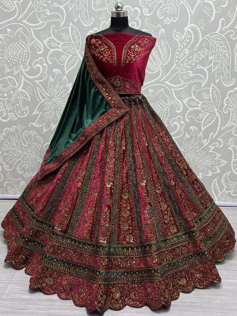 Stunning Rani Pink Dori Work Velvet Lehenga Choli With Double Dupatta