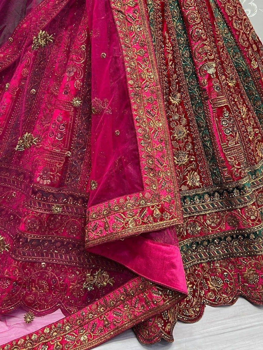 Luxury pink velvet lehenga with gold embroidery and intricate border detailing for Indian weddings