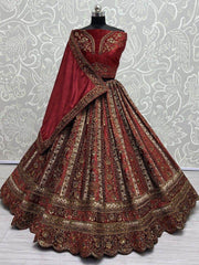 Beautiful Red Dori Work Velvet Bridal Lehenga Choli With Double Dupatta